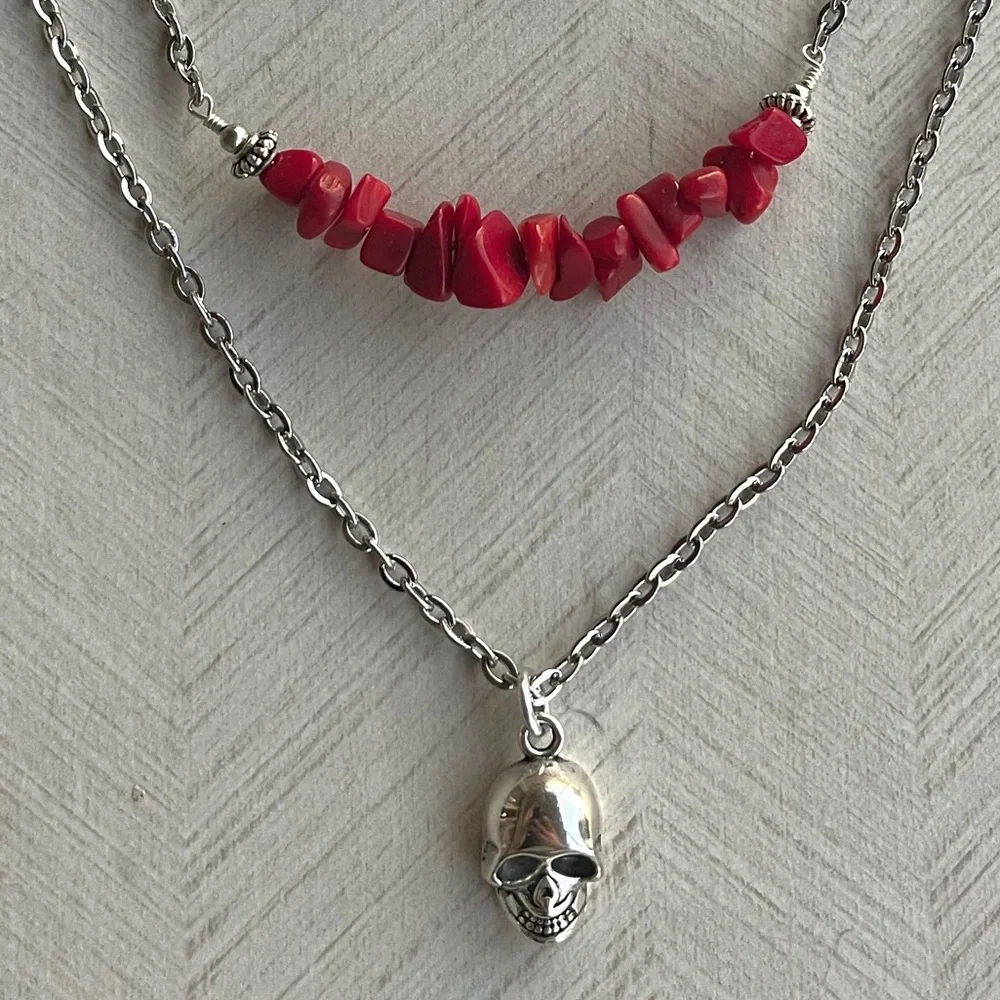Set ! Red coral skull double layer necklace + matching skull earrings goth boho - Picture 10 of 16